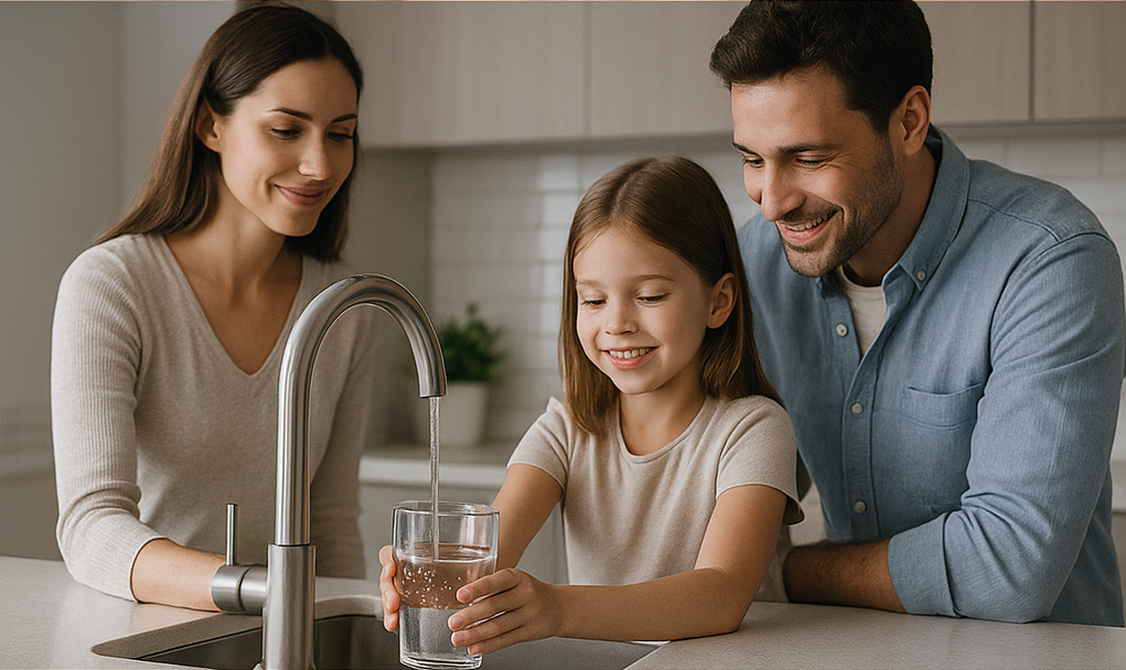 Happy family using clean water in modern kitchen with Dotto technology